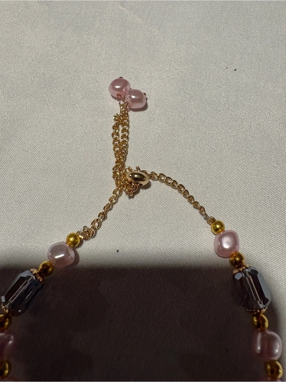 Pink Beaded Bracelet – Gold Tone Accents – Faceted Smoky Glass Beads – Adjustabl